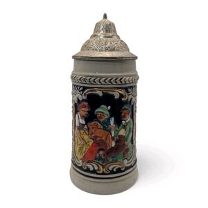 Vintage Handarbeit‎ Beer Stein Pewter Hinged Lid Hand Painted Made In Germany